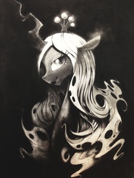 Size: 1200x1600 | Tagged: safe, artist:murphylaw4me, queen chrysalis, changeling, changeling queen, g4, beautiful, crown, detailed, eyelashes, fangs, female, jewelry, looking at you, monochrome, open mouth, regalia, shading, smiling, solo, traditional art
