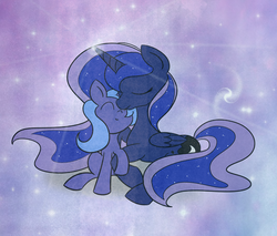 Size: 2000x1700 | Tagged: safe, artist:baa-chan01, princess luna, pony, g4, cute, filly, nuzzling, self adoption, self ponidox, the fun has been doubled, the woona has been doubled, time paradox, woona