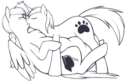 Size: 1200x774 | Tagged: safe, artist:redintravenous, oc, oc only, oc:mortarboard, earth pony, pony, unicorn, blushing, eyes closed, gay, heart, inflation, kiss inflation, kissing, male, puffy cheeks, stallion