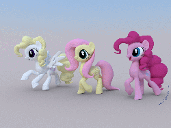 Size: 1024x768 | Tagged: safe, artist:deathpwny, fluttershy, pinkie pie, surprise, earth pony, pegasus, pony, g1, g4, 3d, animated, blender, female, g1 to g4, generation leap, mare, running, walking