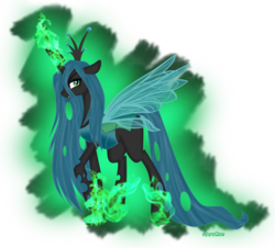 Size: 1322x1196 | Tagged: safe, artist:mlpazureglow, queen chrysalis, changeling, changeling queen, g4, crown, female, fire, glowing, glowing horn, green fire, horn, jewelry, magic, regalia, solo, transparent wings, wings