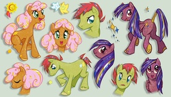 Size: 1365x780 | Tagged: safe, artist:lirale, stardancer (g1), sunspot, twinkler, earth pony, pegasus, g1, g4, 2012, colored hooves, drop shadow, eyes closed, eyeshadow, female, g1 to g4, generation leap, gray background, looking back, makeup, male, mare, open mouth, open smile, raised hoof, rule 63, simple background, sitting, smiling, stallion, standing