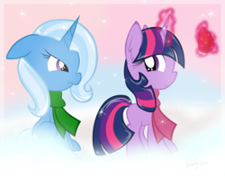 Size: 1357x1063 | Tagged: safe, artist:kristysk, trixie, twilight sparkle, g4, clothes, filly, magic, scarf