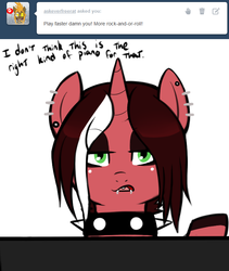 Size: 649x769 | Tagged: safe, artist:redintravenous, oc, oc only, oc:red ribbon, pony, unicorn, april fools, earring, emo, female, goth, mare, piano, swapped cutie marks, tumblr