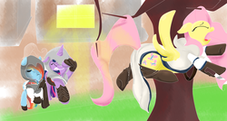 Size: 1024x547 | Tagged: safe, fluttershy, rainbow dash, twilight sparkle, g4, assassin's creed, facehoof