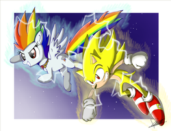 Size: 1237x945 | Tagged: safe, rainbow dash, g4, crossover, element of loyalty, male, sonic the hedgehog, sonic the hedgehog (series), super rainbow dash, super sonic