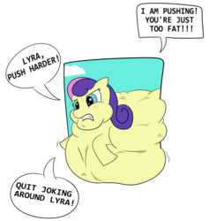 Size: 4168x4392 | Tagged: safe, artist:mylittlepudgy, bon bon, lyra heartstrings, sweetie drops, g4, absurd resolution, blob, bon blob, clean, dialogue, fat, morbidly obese, obese, stuck, text, weight gain