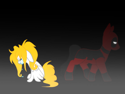 Size: 1024x768 | Tagged: safe, artist:thamutt, oc, oc:frolic, pegasus, pony, blank flank, crying, deadpool, deadpool is best pony, eyes closed, floppy ears, frown, ponified, sad, sitting