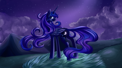 Size: 3472x1953 | Tagged: safe, artist:weird--fish, princess luna, pony, g4, cloud, cloudy, crying, female, missing accessory, night, sad, solo