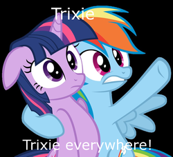 Size: 936x853 | Tagged: safe, rainbow dash, trixie, twilight sparkle, g4, x x everywhere