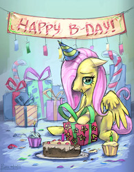 Size: 2000x2560 | Tagged: safe, artist:ruffu, fluttershy, pony, g4, cake, cupcake, happy birthday, hat, party hat, present