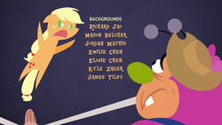 Size: 1920x1080 | Tagged: safe, applejack, double rainboom, g4, angry, applejack's hat, fuzzy lumpkins, hat, in air, scared, the powerpuff girls, this will end in pain and/or death, wrestling