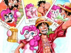 Size: 1125x847 | Tagged: safe, artist:irie-mangastudios, gummy, pinkie pie, g4, cider, crossover, disguise, grin, hat, monkey d. luffy, mug, one piece, photo, scar, smiling, traditional art