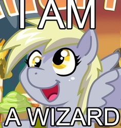Size: 385x408 | Tagged: safe, derpy hooves, pegasus, pony, g4, are you a wizard, female, i am a wizard, image macro, mare, meme, solo