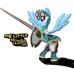 Size: 1000x1000 | Tagged: safe, artist:cheshiresdesires, rainbow dash, g4, crossover, lance, monster hunter, shield, weapon