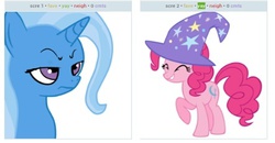 Size: 442x230 | Tagged: safe, pinkie pie, trixie, derpibooru, g4, exploitable meme, juxtaposition, juxtaposition win, trixie's hat