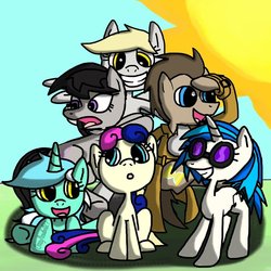 Size: 894x894 | Tagged: safe, artist:crazypizzafan927, bon bon, derpy hooves, dj pon-3, doctor whooves, lyra heartstrings, octavia melody, sweetie drops, time turner, vinyl scratch, earth pony, pegasus, pony, unicorn, g4, background six, clothes, coat, female, male, mare, picture, stallion, sun, trenchcoat
