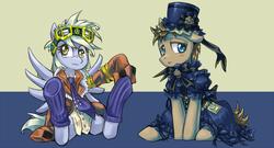 Size: 1100x594 | Tagged: safe, artist:saturnspace, derpy hooves, doctor whooves, time turner, pegasus, pony, clockwise whooves, g4, crossdressing, female, mare, steampunk