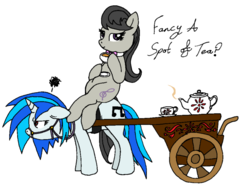 Size: 974x745 | Tagged: dead source, safe, artist:tilly-towell, dj pon-3, octavia melody, vinyl scratch, earth pony, pony, unicorn, g4, bridle, cart, duo, female, mare, octavia riding dj pon 3, ponies riding ponies, riding, tea