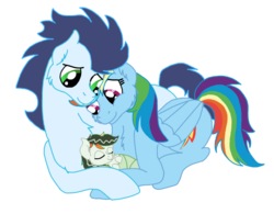 Size: 1024x797 | Tagged: safe, artist:smava-heartsong, rainbow dash, soarin', pegasus, pony, g4, baby, female, male, mare, momma dash, offspring, parent:rainbow dash, parent:soarin', parents:soarindash, ship:soarindash, shipping, simple background, stallion, straight, transparent background