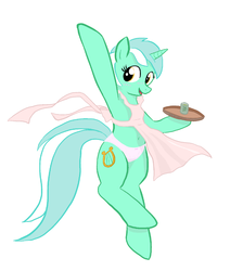 Size: 1046x1167 | Tagged: safe, artist:seidouryu, lyra heartstrings, pony, unicorn, g4, apron, belly button, bipedal, blushing, clothes, female, mare, panties, pink underwear, pixiv, ribbon, simple background, solo, transparent background, tray, underwear, waitress