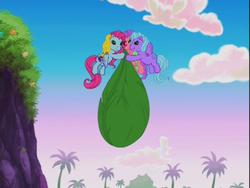 Size: 640x480 | Tagged: safe, screencap, coconut grove, island delight, minty, pinkie pie (g3), thistle whistle, friends are never far away, g3, butterfly island, captured, leaf, out of context, rescue