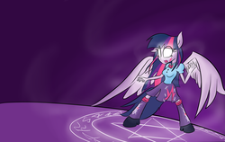 Size: 2530x1600 | Tagged: safe, artist:tixolseyerk, twilight sparkle, alicorn, anthro, equestria girls, g4, eared humanization, glowing eyes, humanized, magic, magic circle, ponied up, tailed humanization, twilight sparkle (alicorn), winged humanization