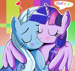 Size: 865x814 | Tagged: safe, artist:the-butch-x, trixie, twilight sparkle, alicorn, pony, g4, abstract background, blushing, crying, duo, eyes closed, female, floating heart, heart, lesbian, mare, ship:twixie, shipping, twilight sparkle (alicorn), winghug