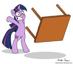 Size: 949x842 | Tagged: safe, artist:sketchinetch, twilight sparkle, pony, unicorn, g4, angry, bipedal, female, gritted teeth, mare, reaction image, signature, simple background, solo, table, table flip, unicorn twilight, white background