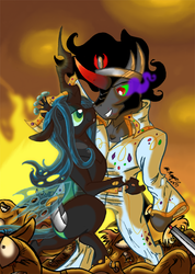 Size: 690x969 | Tagged: dead source, safe, artist:intelligent-zombie, king sombra, queen chrysalis, changeling, changeling queen, pony, unicorn, g4, elvis presley, female, male, ship:chrysombra, shipping, straight, sword, unholy matrimony