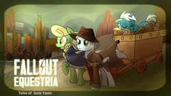 Size: 1280x720 | Tagged: safe, artist:madmax, oc, oc only, oc:dreamer, oc:prodigious peddler, oc:sun beam, fallout equestria, fedora, gun, hat, tales of a junk town pony peddler, wasteland