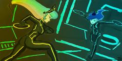 Size: 1280x640 | Tagged: safe, artist:johnjoseco, princess celestia, princess luna, human, g4, colored, humanized, identity disk, sketch, tron, tron legacy