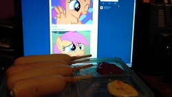 Size: 640x360 | Tagged: safe, scootaloo, g4, corndog, waifu dinner