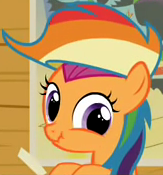 Size: 163x175 | Tagged: safe, screencap, scootaloo, g4, cropped, eyes open, rainbow wig, scrunchy face, solo