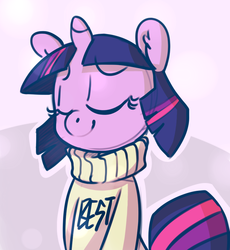 Size: 795x866 | Tagged: safe, artist:zonkpunch, twilight sparkle, pony, g4, alternate hairstyle, best, best pony, clothes, eyes closed, female, floppy ears, smug, solo, sweater