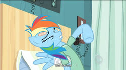 Size: 855x476 | Tagged: safe, screencap, rainbow dash, g4, read it and weep, hub logo, youtube caption