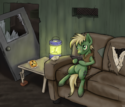 Size: 1174x1004 | Tagged: safe, artist:kalemon, oc, oc only, oc:murky, pegasus, pony, fallout equestria, fallout equestria: murky number seven, broken glass, couch, cutie mark, door, hooves, male, sitting, solo, stallion