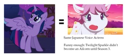 Size: 1440x640 | Tagged: safe, twilight sparkle, alicorn, pony, unicorn, g4, clean, exploitable meme, hilarious in hindsight, japanese, jewelpet, miyuki sawashiro, opal (jewelpet), same voice actor, sanrio, sega, twilight sparkle (alicorn)