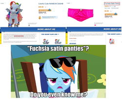 Size: 1233x1001 | Tagged: safe, edit, edited screencap, screencap, rainbow dash, pegasus, pony, g4, too many pinkie pies, beach chair, build-a-bear, chair, clothes, female, image macro, mare, panties, pink underwear, plushie, rainbow dash always dresses in style, reaction image, seriously, sunglasses, underwear