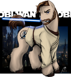 Size: 500x546 | Tagged: safe, artist:mu, earth pony, pony, beard, clothes, energy weapon, facial hair, hooves, jedi, lightsaber, male, mouth hold, obi wan kenobi, ponified, solo, stallion, star wars, weapon