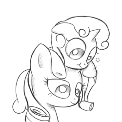 Size: 1000x1000 | Tagged: safe, artist:spikedmauler, rarity, sweetie belle, pony, unicorn, g4, duo, pony hat, sitting on head, sketch