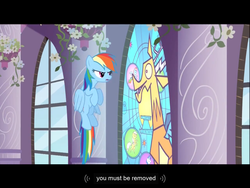 Size: 1024x768 | Tagged: safe, screencap, discord, rainbow dash, g4, stained glass, youtube caption