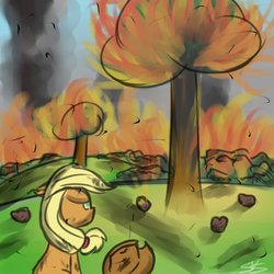 Size: 894x894 | Tagged: safe, artist:speccysy, applejack, earth pony, pony, g4, female, fire, parody, solo, sweet apple acres, there will be blood