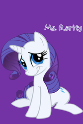 Size: 640x960 | Tagged: safe, rarity, pony, unicorn, g4, female, horn, iphone wallpaper, mare, ms. rarity, purple background, simple background, smiling, solo, text