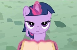 Size: 546x352 | Tagged: safe, edit, edited screencap, screencap, twilight sparkle, pony, a canterlot wedding, g4, bedroom eyes, book, female, filly, filly twilight sparkle, inverted mouth, looking at you, solo, younger