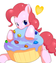 Size: 889x1000 | Tagged: safe, artist:tnmrhd0, pinkie pie, earth pony, pony, g4, cupcake, cute, diapinkes, female, food, heart, mare, simple background, sitting, solo, white background