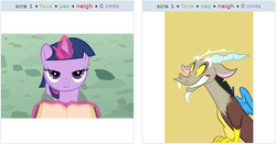 Size: 521x274 | Tagged: safe, discord, twilight sparkle, g4, exploitable meme, filly, funny, juxtaposition, juxtaposition win