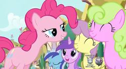 Size: 618x339 | Tagged: safe, screencap, amethyst star, daisy, flower wishes, minuette, parasol, pinkie pie, sparkler, earth pony, pony, unicorn, a friend in deed, g4, bedroom eyes, hub logo, out of context, smile song, transformers