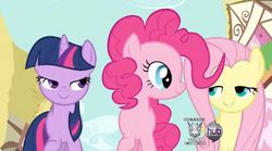 Size: 621x346 | Tagged: safe, screencap, fluttershy, pinkie pie, twilight sparkle, a friend in deed, g4, bedroom eyes, hub logo, out of context, smile song, transformers