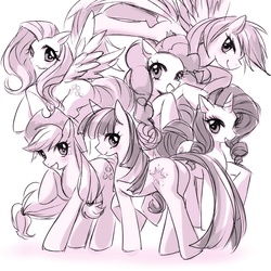 Size: 777x777 | Tagged: safe, artist:ko, applejack, fluttershy, pinkie pie, rainbow dash, rarity, twilight sparkle, g4, mane six, pixiv